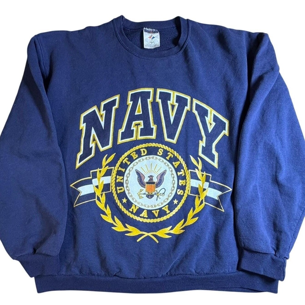 US Navy Sweatshirt Large Vintage 90s Jerzees Bold Crest Graphic Blue Pullover